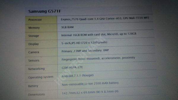 SM-G571F specs leaked. Possibly Galaxy J5 Prime (2018)
