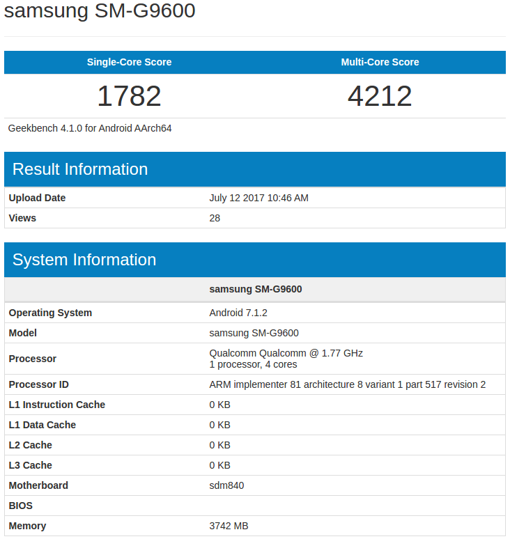 Samsung SM-G9600 leaked on Geekbench. Snapdragon 840 and more