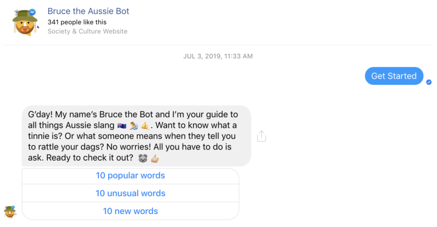 Bruce the Aussie Slang Bot, Facebook's aide for those who do not speak gibberish, I mean Australian