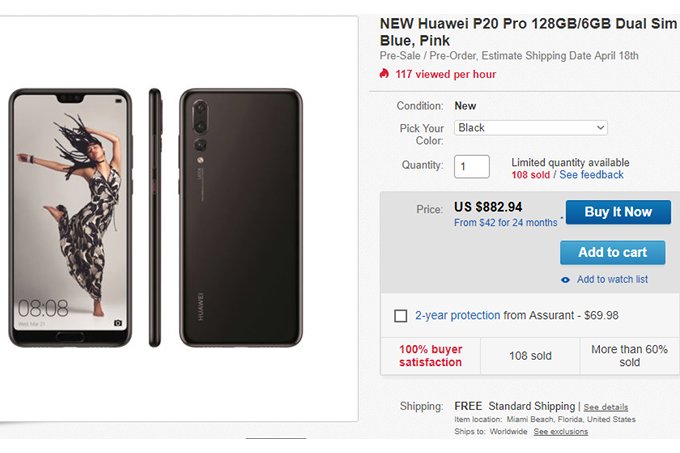 Horray, Huawei P20 Pro is now available for pre-order in the US via eBay