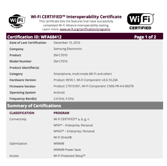 Samsung Galaxy C7 Pro has got its Wi-fi certification