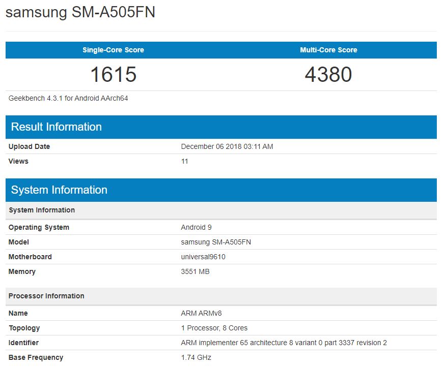 Benchmark of Samsung SM-A505F leaked