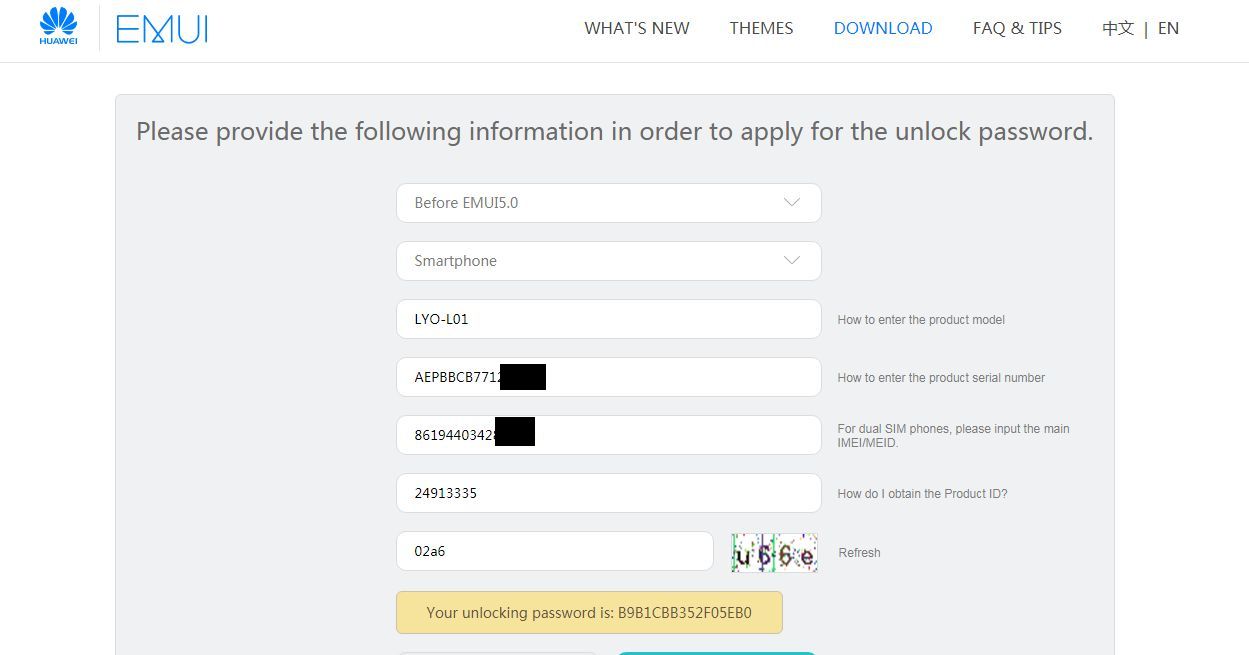 Huawei Bootloader unlock password by IMEI