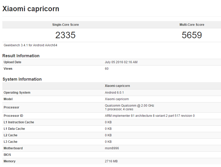 Xiaomi Capricorn on Geekbench