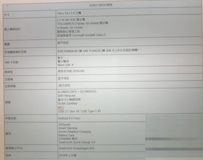 Sony H8541, specification