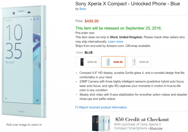 Xperia X Compact available in USA as a pre-order.